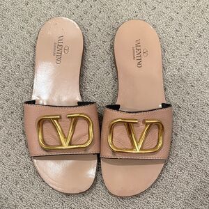 Valentino Garavani Women's Tan Slide Sandals with Gold Accent Size 39 US 8